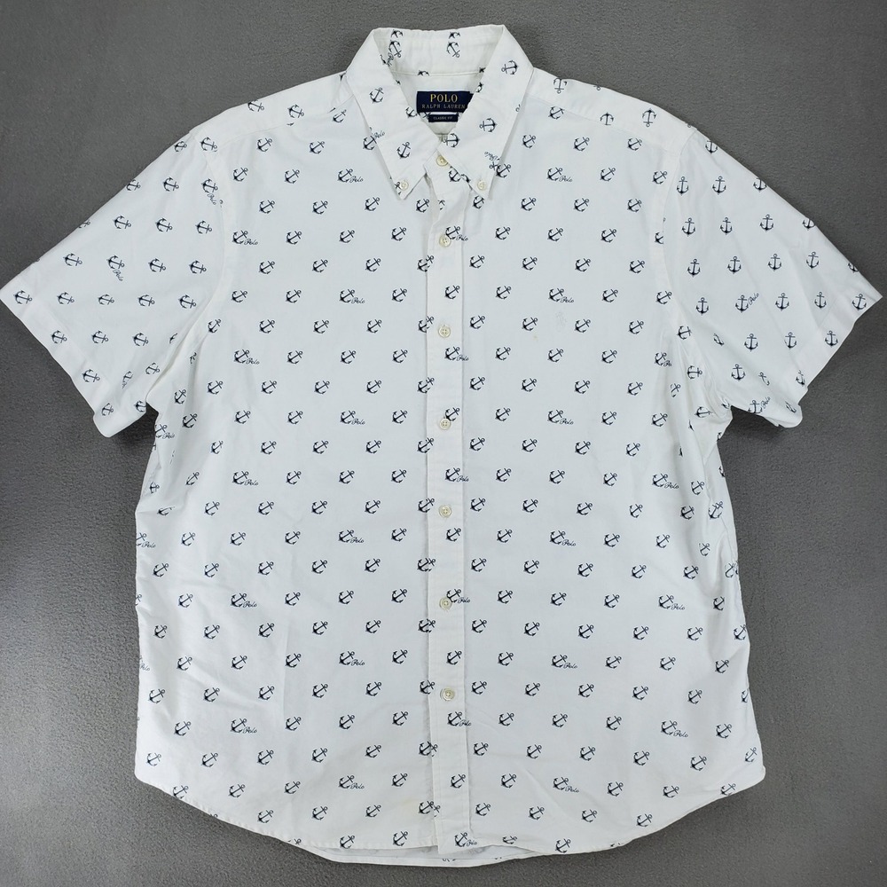 Polo Ralph Lauren Button Down Men XL White Anchor Print Classic Fit Short Sleeve
